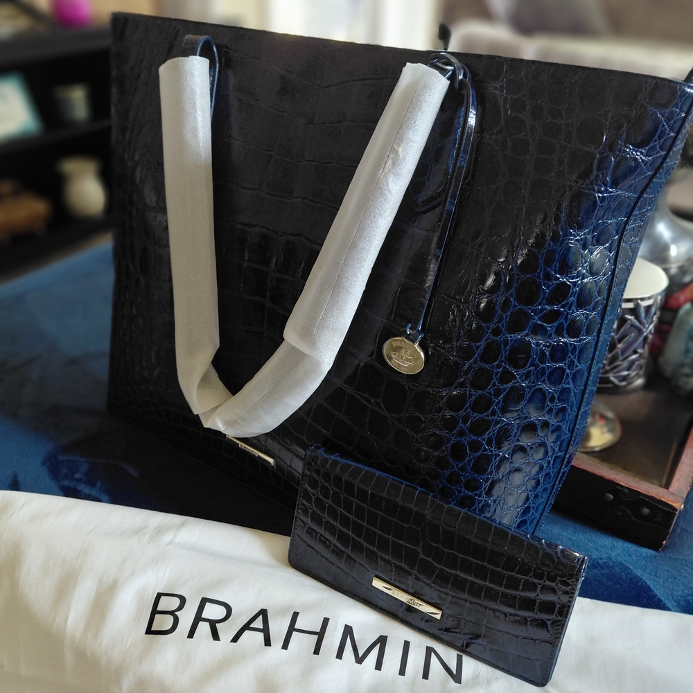 Brahmin Navy Embossed Leather Tote